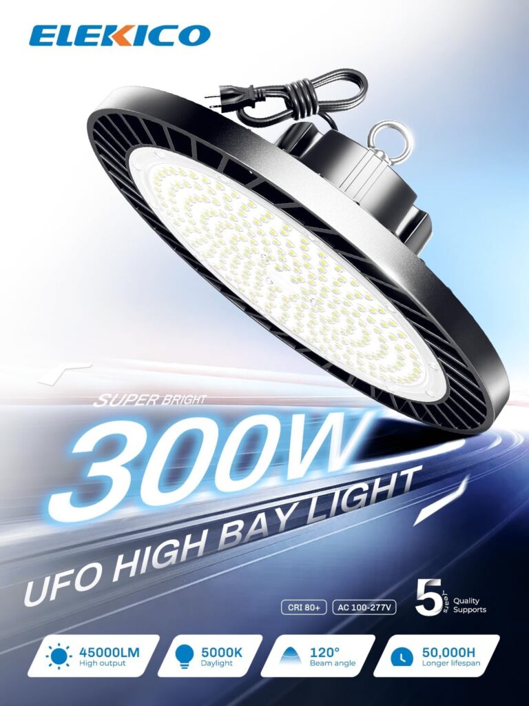 ELEKICO 300W UFO Led High Bay Light| 5000K 45000LM High Bay Led Shop Lights with 5ft Cable Hanging Hook Safe Rope| Shop Light & Garage Lighting Lights