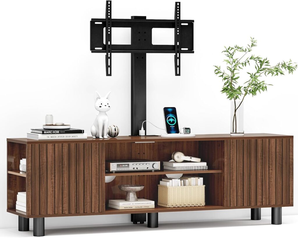 TV-Stand with Mount and Power Outlet, Fluted TV Stand for 65 70 75 Inch TV, Entertainment Center with Storage, Media Console Table for Living Room, Walnut