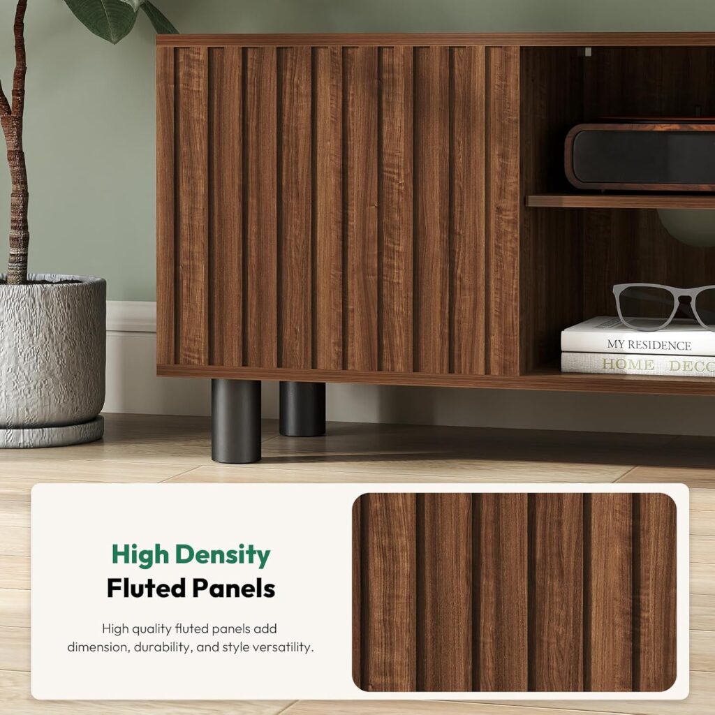 Fluted TV Stand for 65 70 75 Inch TV, Entertainment Center with Storage, Media Console Table for Living Room, Walnut