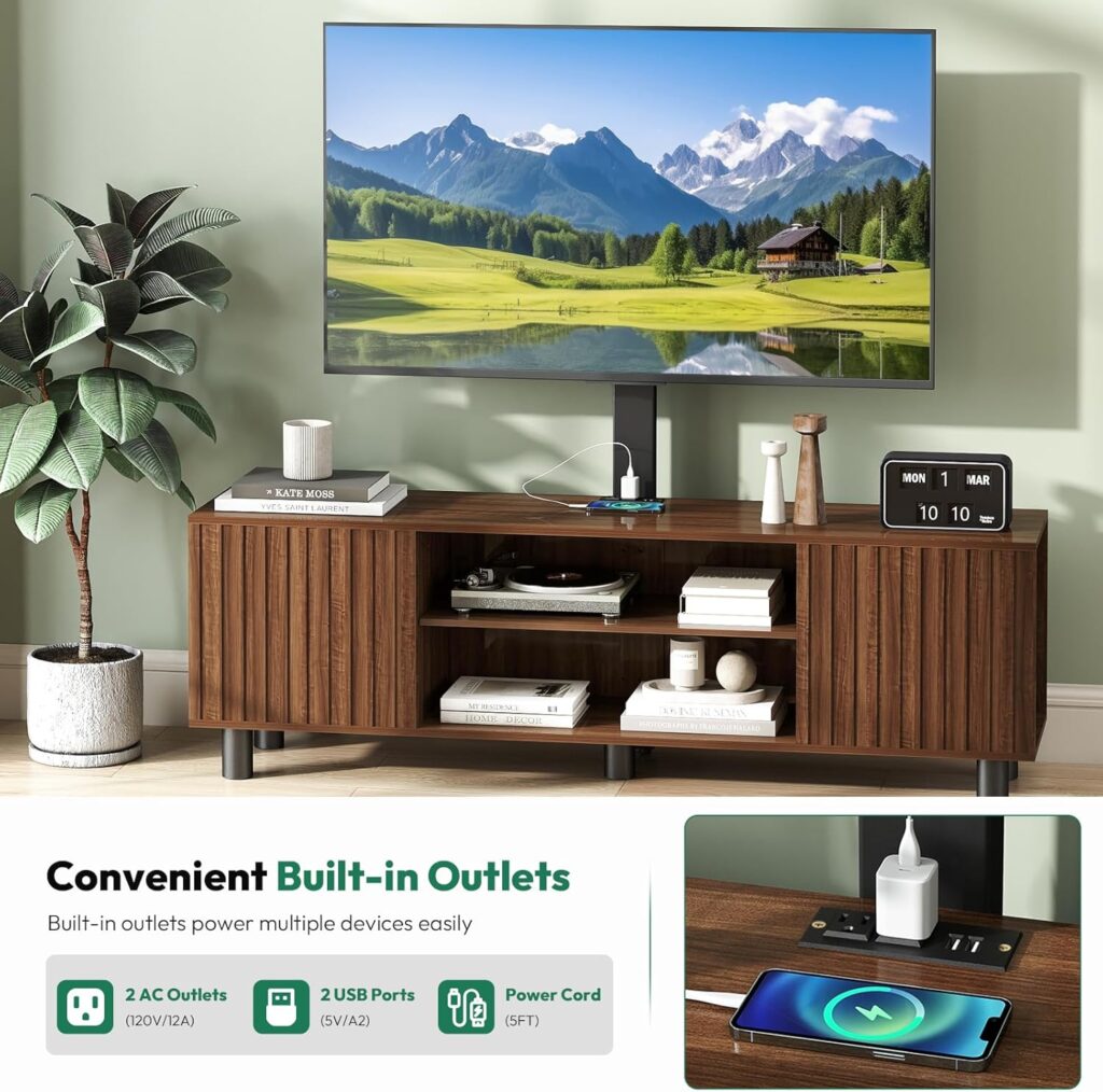 TV-Stand with Mount and Power Outlet, Fluted TV Stand for 65 70 75 Inch TV, Entertainment Center with Storage, Media Console Table for Living Room, Walnut