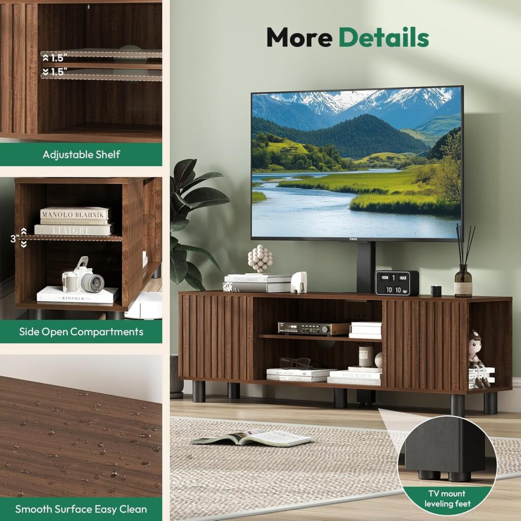 TV-Stand with Mount and Power Outlet, Fluted TV Stand for 65 70 75 Inch TV, Entertainment Center with Storage, Media Console Table for Living Room, Walnut