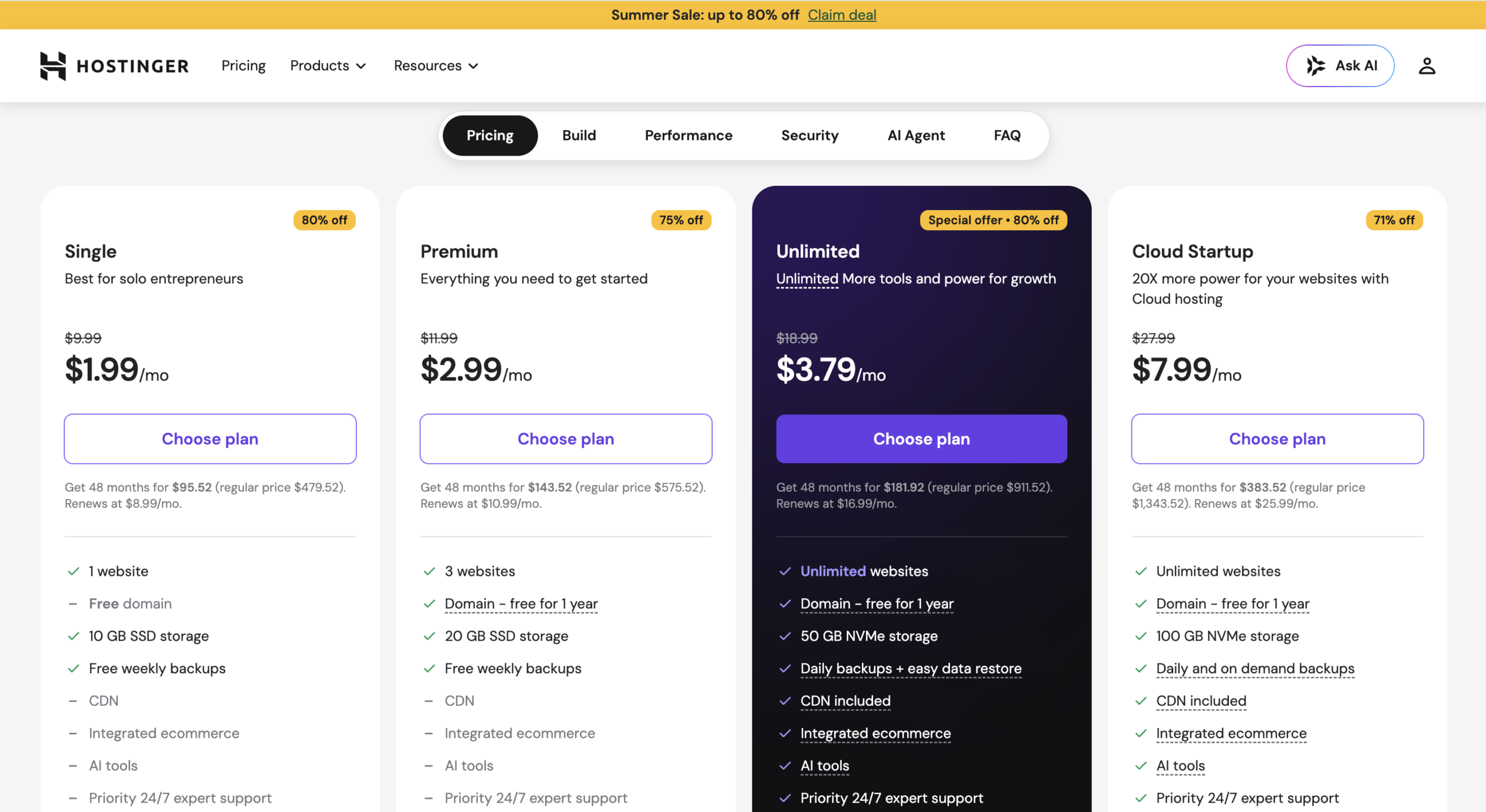 Hostinger web hosting plans and pricing