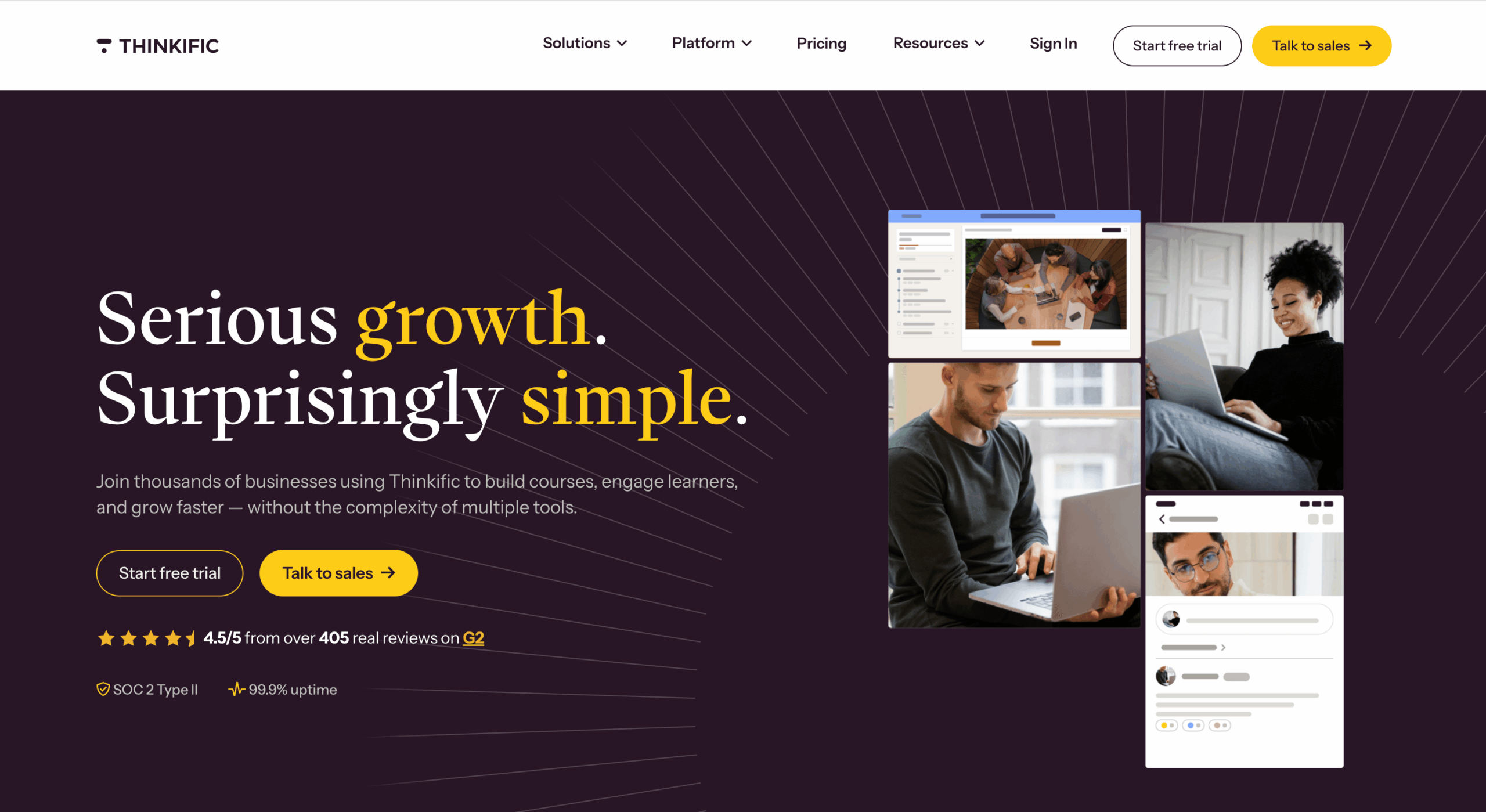 Thinkific homepage showing the online course and digital product platform