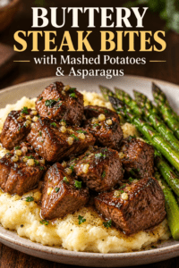 Read more about the article Buttery Steak Bites with Mashed Potatoes & Asparagus
