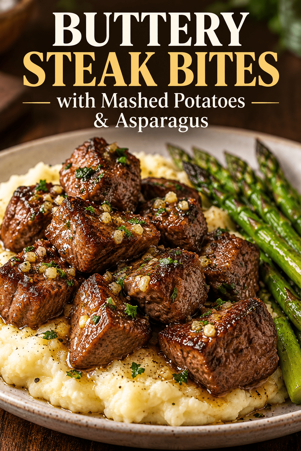 You are currently viewing Buttery Steak Bites with Mashed Potatoes & Asparagus