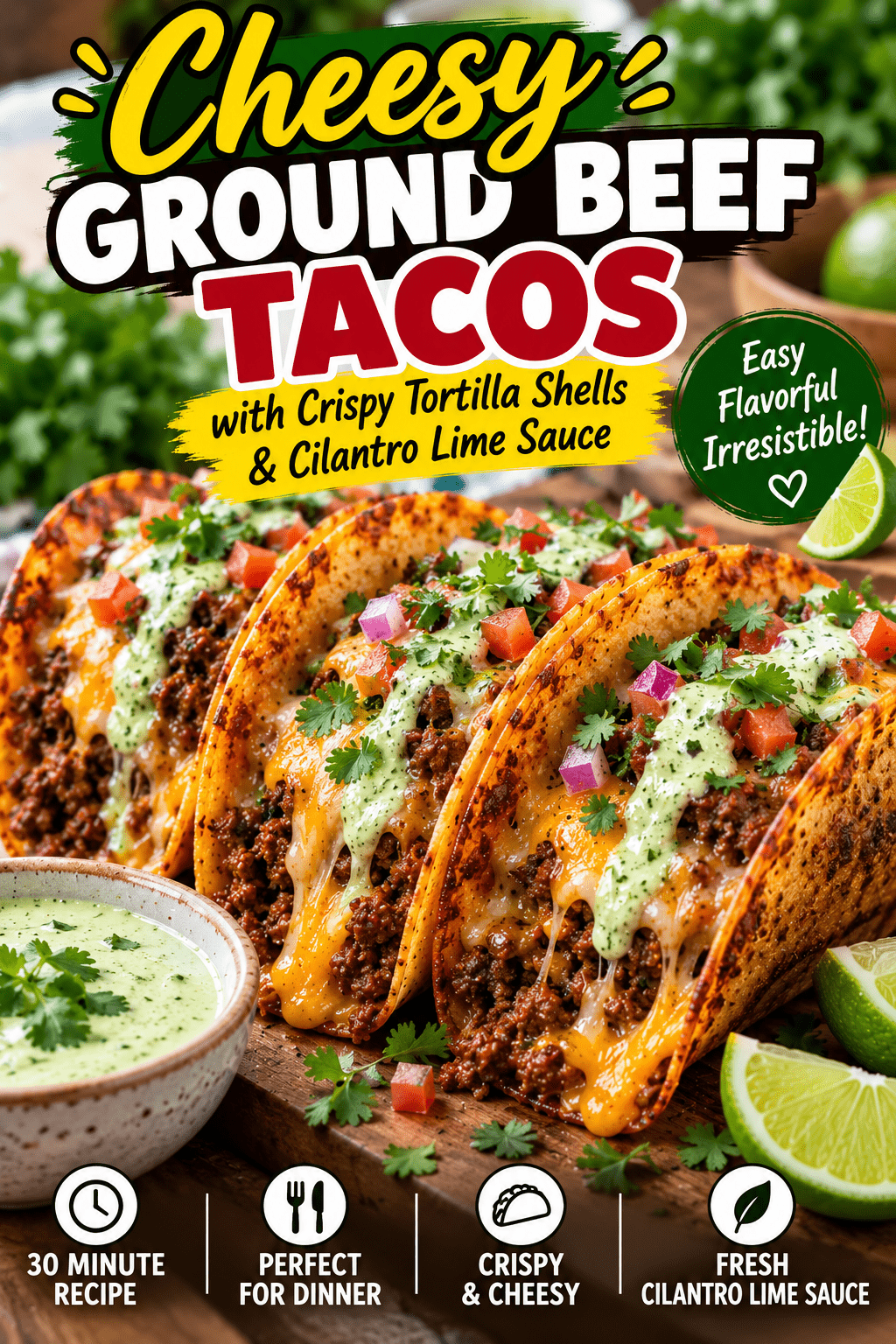 You are currently viewing Cheesy Ground Beef Tacos with Cilantro Lime Sauce