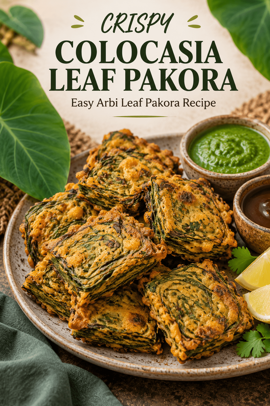 You are currently viewing Crispy Colocasia Leaf Pakora Recipe – Easy Arbi Leaf Pakora