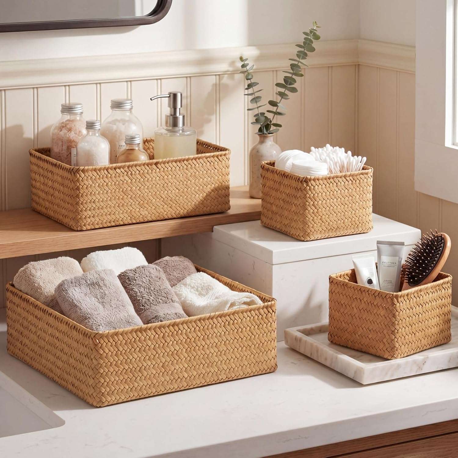 Labeled Baskets bathroom shelf decor