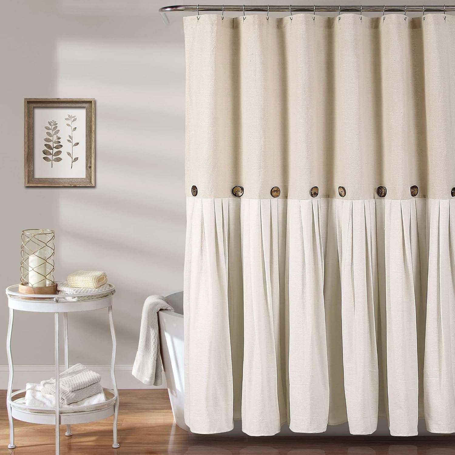 Linen shower curtain in a rustic bathroom