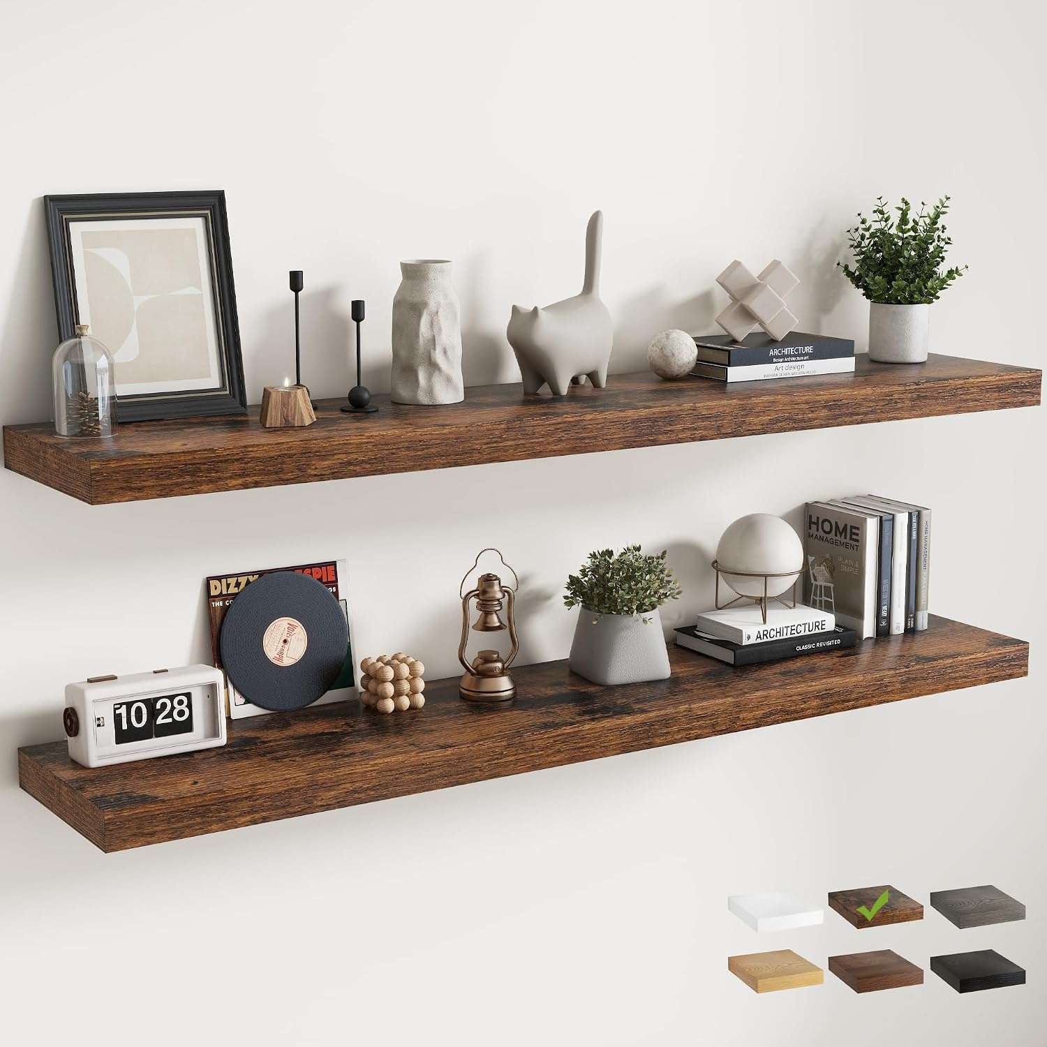 Reclaimed look wooden floating shelves