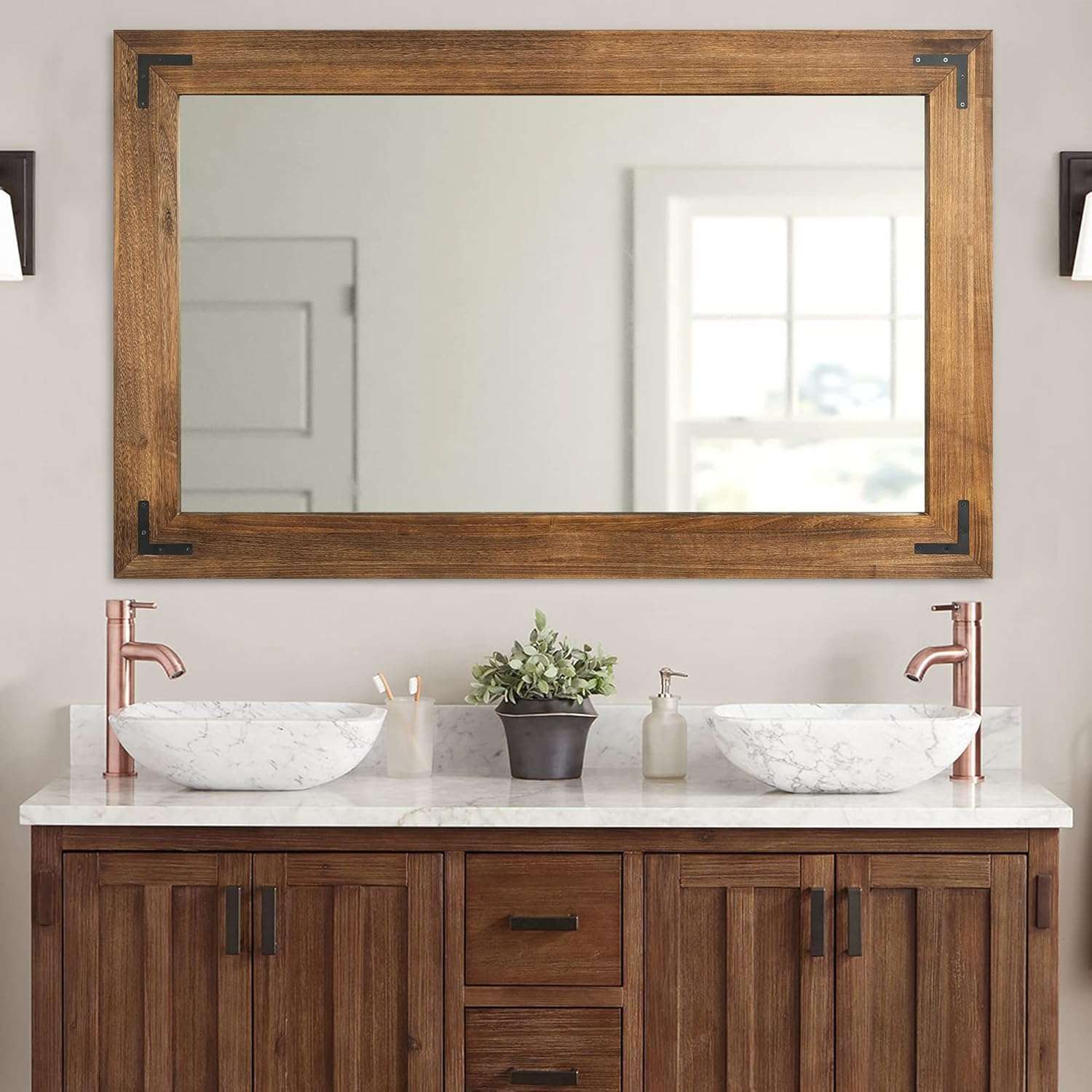 Rustic wood framed bathroom mirror