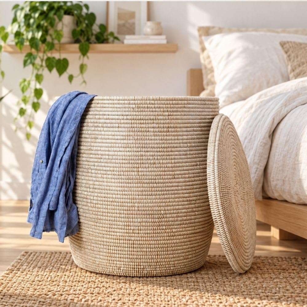 Woven laundry basket for bathroom storage